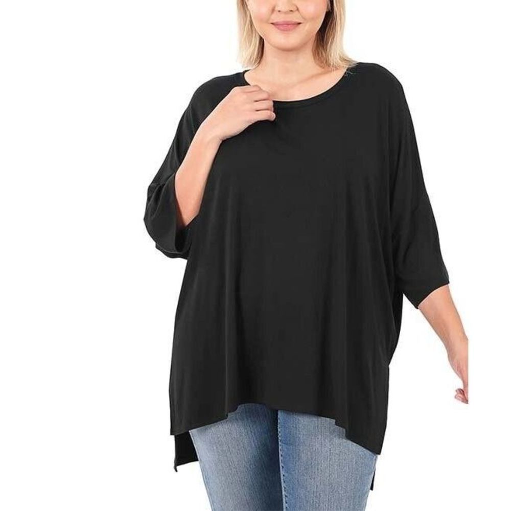 Black Scoop Neck Half Sleeve Hi Low Top Size 1X